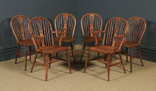 Antique English Set of Six 6 Ash & Elm Windsor Wheel & Fiddle Stick Back Kitchen Dining Chairs (Circa 1840)