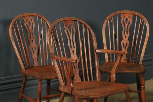 fig 1. Antique English Set of Six 6 Ash & Elm Windsor Wheel & Fiddle Stick Back Kitchen Dining Chairs (Circa 1840)