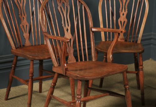 fig 2. Antique English Set of Six 6 Ash & Elm Windsor Wheel & Fiddle Stick Back Kitchen Dining Chairs (Circa 1840)