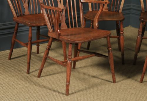 fig 3. Antique English Set of Six 6 Ash & Elm Windsor Wheel & Fiddle Stick Back Kitchen Dining Chairs (Circa 1840)