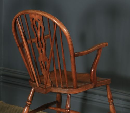 fig 7. Antique English Set of Six 6 Ash & Elm Windsor Wheel & Fiddle Stick Back Kitchen Dining Chairs (Circa 1840)