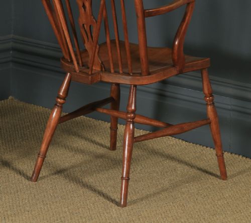 fig 8. Antique English Set of Six 6 Ash & Elm Windsor Wheel & Fiddle Stick Back Kitchen Dining Chairs (Circa 1840)