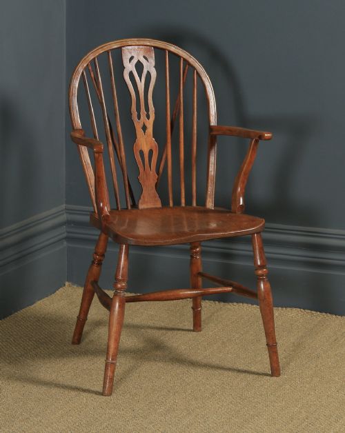 fig 9. Antique English Set of Six 6 Ash & Elm Windsor Wheel & Fiddle Stick Back Kitchen Dining Chairs (Circa 1840)