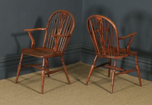 fig 4. Antique English Set of Six 6 Ash & Elm Windsor Wheel & Fiddle Stick Back Kitchen Dining Chairs (Circa 1840)