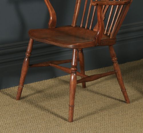 fig 6. Antique English Set of Six 6 Ash & Elm Windsor Wheel & Fiddle Stick Back Kitchen Dining Chairs (Circa 1840)