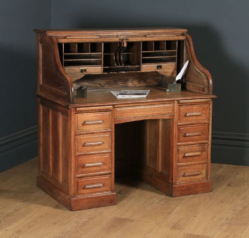Antique English Edwardian 4ft” Solid Oak Roll Top Pedestal Office Desk (Circa 1910)