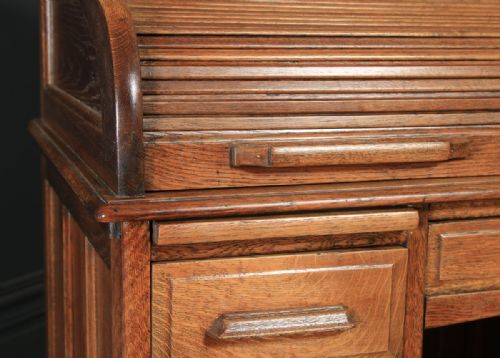fig 4. Antique English Edwardian 4ft” Solid Oak Roll Top Pedestal Office Desk (Circa 1910)