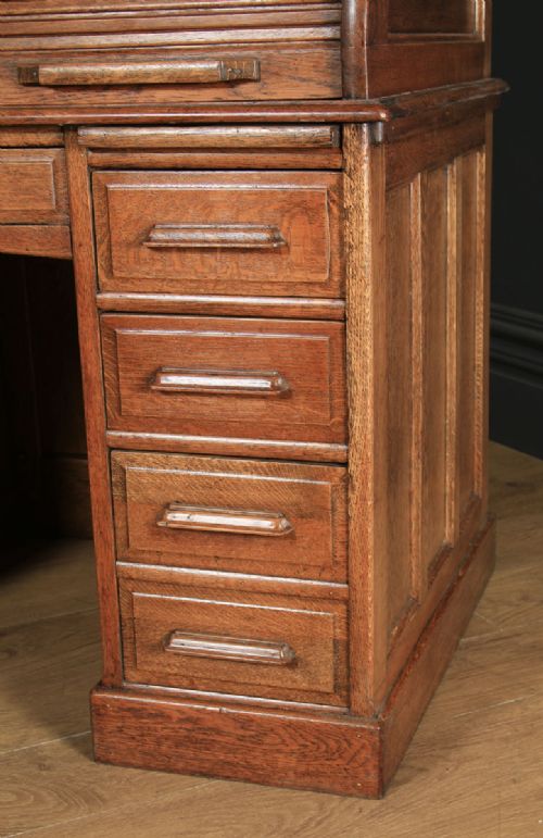 fig 5. Antique English Edwardian 4ft” Solid Oak Roll Top Pedestal Office Desk (Circa 1910)