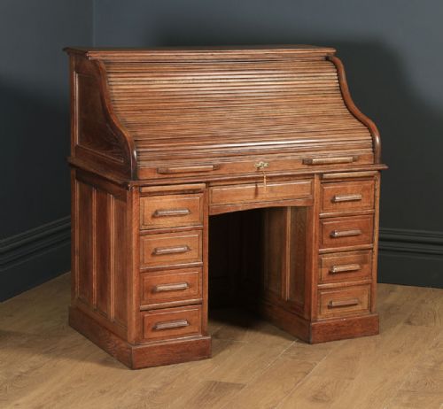 fig 1. Antique English Edwardian 4ft” Solid Oak Roll Top Pedestal Office Desk (Circa 1910)