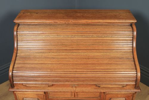 fig 2. Antique English Edwardian 4ft” Solid Oak Roll Top Pedestal Office Desk (Circa 1910)