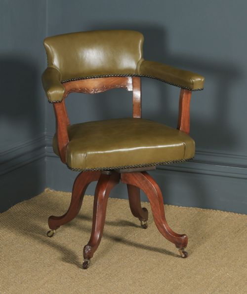 Antique English Victorian Aesthetic Mahogany & Sage Green Leather Revolving Office Desk Arm Chair (Circa 1900)