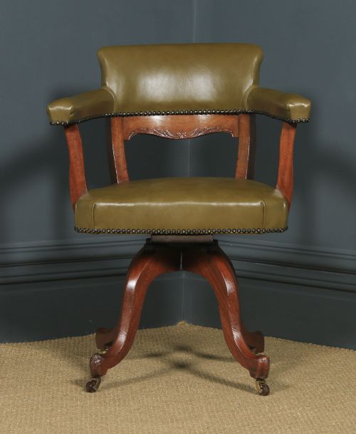 fig 1. Antique English Victorian Aesthetic Mahogany & Sage Green Leather Revolving Office Desk Arm Chair (Circa 1900)