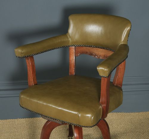 fig 2. Antique English Victorian Aesthetic Mahogany & Sage Green Leather Revolving Office Desk Arm Chair (Circa 1900)