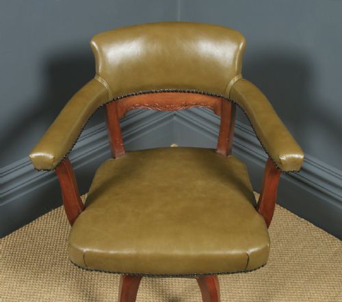 fig 3. Antique English Victorian Aesthetic Mahogany & Sage Green Leather Revolving Office Desk Arm Chair (Circa 1900)