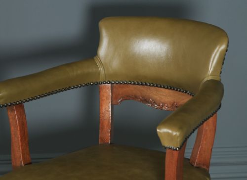 fig 4. Antique English Victorian Aesthetic Mahogany & Sage Green Leather Revolving Office Desk Arm Chair (Circa 1900)