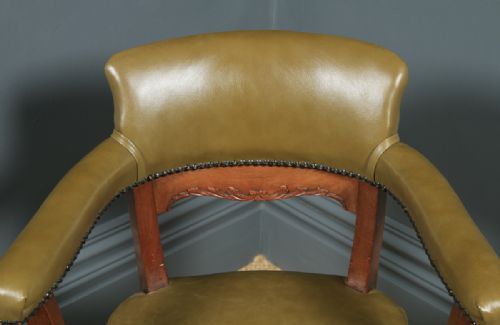 fig 5. Antique English Victorian Aesthetic Mahogany & Sage Green Leather Revolving Office Desk Arm Chair (Circa 1900)