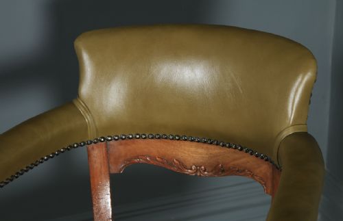 fig 6. Antique English Victorian Aesthetic Mahogany & Sage Green Leather Revolving Office Desk Arm Chair (Circa 1900)