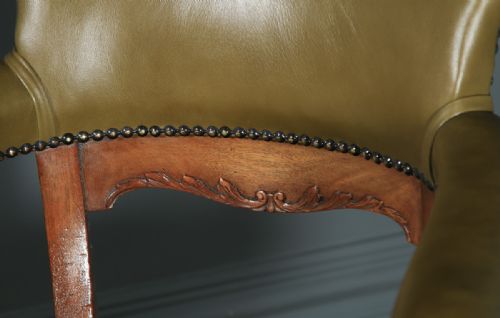 fig 7. Antique English Victorian Aesthetic Mahogany & Sage Green Leather Revolving Office Desk Arm Chair (Circa 1900)