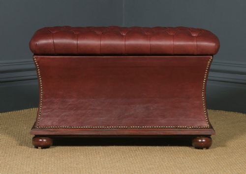 fig 1. Antique English Victorian Mahogany & Burgundy Red Leather Upholstered Concave Ottoman Box (Circa 1870)