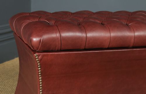 fig 6. Antique English Victorian Mahogany & Burgundy Red Leather Upholstered Concave Ottoman Box (Circa 1870)