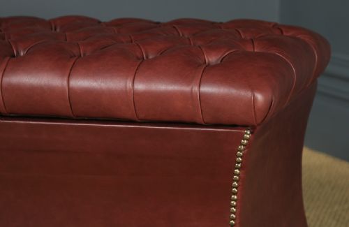 fig 7. Antique English Victorian Mahogany & Burgundy Red Leather Upholstered Concave Ottoman Box (Circa 1870)