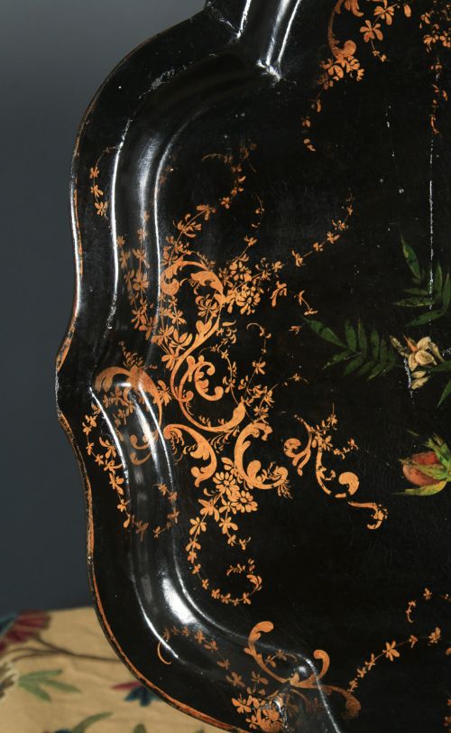 fig 5. Antique English Victorian Ebonised Chinoiserie Floral Papier Mâché Drinks Butlers Tray (Circa 1860)