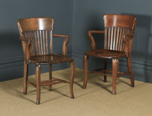 Antique Pair of English Edwardian / George V Oak Office Desk Arm Chairs (Circa 1910 - 1920)