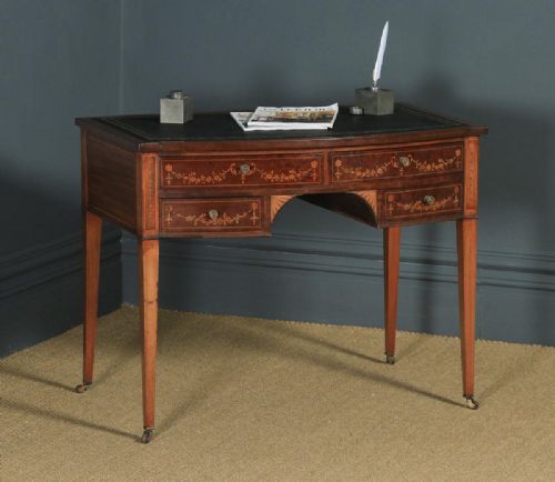 Antique Edwardian Regency Style Inlaid Mahogany & Leather Bow Front Ladies Writing Table Desk by S & H Jewell of London (Circa 1910)