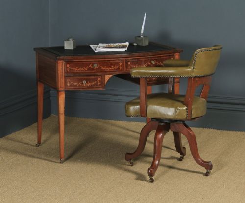fig 1. Antique Edwardian Regency Style Inlaid Mahogany & Leather Bow Front Ladies Writing Table Desk by S & H Jewell of London (Circa 1910)