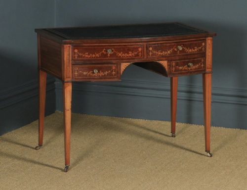 fig 2. Antique Edwardian Regency Style Inlaid Mahogany & Leather Bow Front Ladies Writing Table Desk by S & H Jewell of London (Circa 1910)