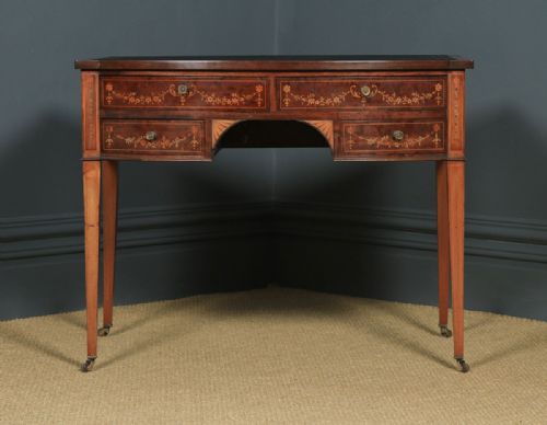 fig 3. Antique Edwardian Regency Style Inlaid Mahogany & Leather Bow Front Ladies Writing Table Desk by S & H Jewell of London (Circa 1910)