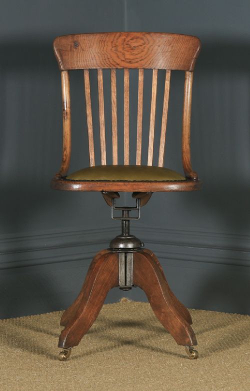 fig 1. Antique English Edwardian Solid Oak & Green Leather Revolving Office Desk Chair (Circa 1910)