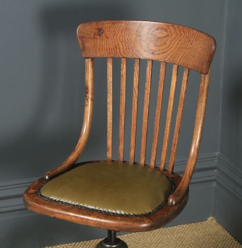 fig 2. Antique English Edwardian Solid Oak & Green Leather Revolving Office Desk Chair (Circa 1910)