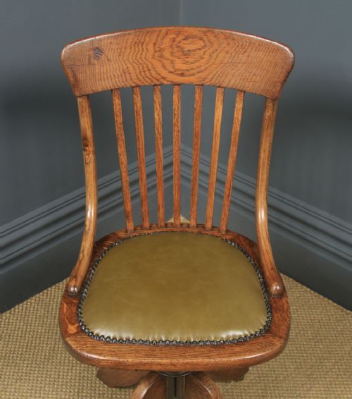 fig 3. Antique English Edwardian Solid Oak & Green Leather Revolving Office Desk Chair (Circa 1910)