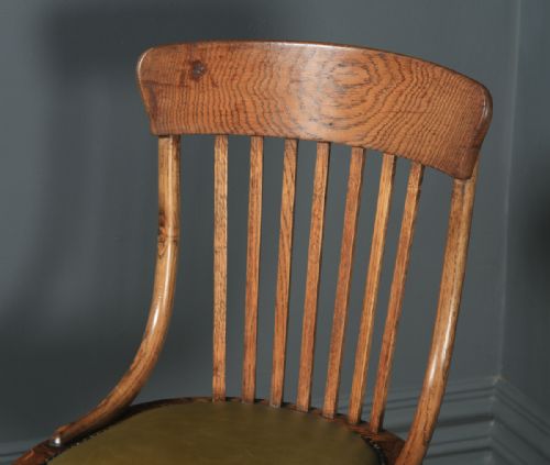 fig 4. Antique English Edwardian Solid Oak & Green Leather Revolving Office Desk Chair (Circa 1910)