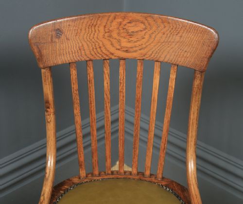 fig 5. Antique English Edwardian Solid Oak & Green Leather Revolving Office Desk Chair (Circa 1910)