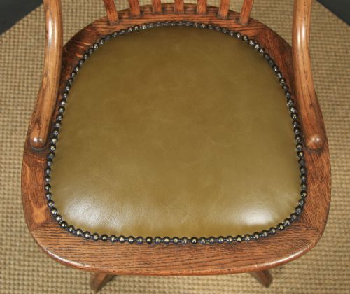 fig 6. Antique English Edwardian Solid Oak & Green Leather Revolving Office Desk Chair (Circa 1910)