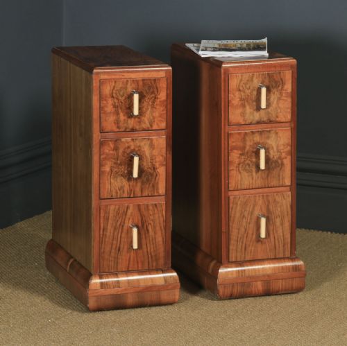Antique English Pair of Art Deco Figured Walnut Bedside Chests / Cabinets (Circa 1930)