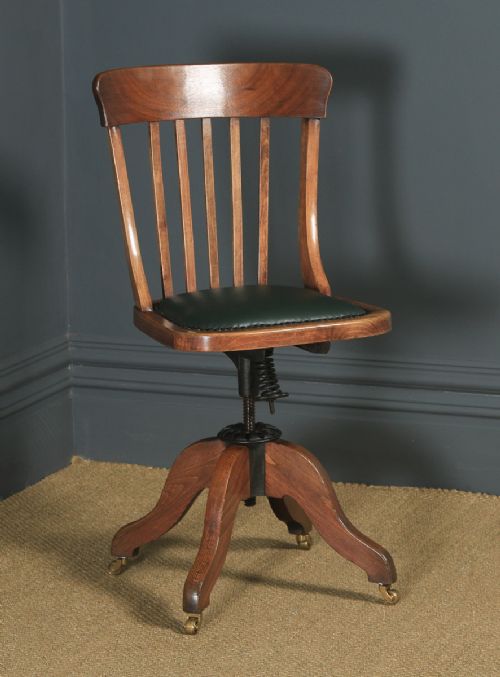 Antique English Edwardian Solid Beech & Green Leather Revolving Office Desk Chair (Circa 1910)