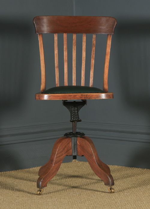 fig 1. Antique English Edwardian Solid Beech & Green Leather Revolving Office Desk Chair (Circa 1910)