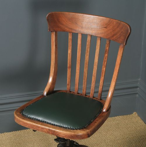 fig 2. Antique English Edwardian Solid Beech & Green Leather Revolving Office Desk Chair (Circa 1910)