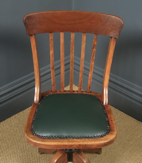 fig 3. Antique English Edwardian Solid Beech & Green Leather Revolving Office Desk Chair (Circa 1910)