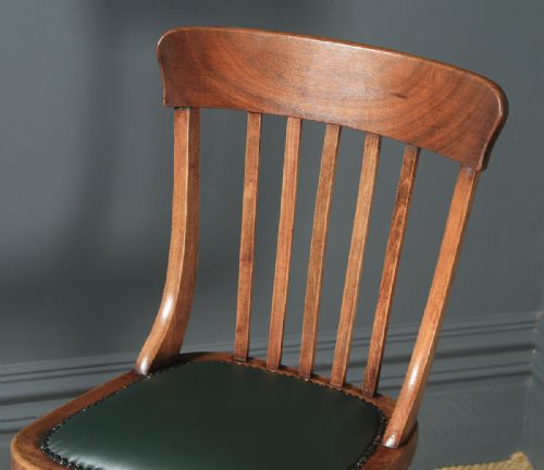 fig 4. Antique English Edwardian Solid Beech & Green Leather Revolving Office Desk Chair (Circa 1910)