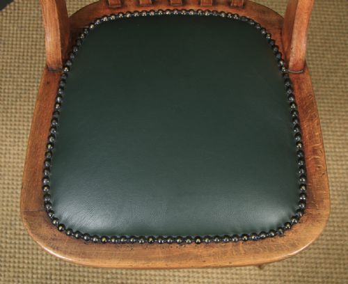 fig 6. Antique English Edwardian Solid Beech & Green Leather Revolving Office Desk Chair (Circa 1910)