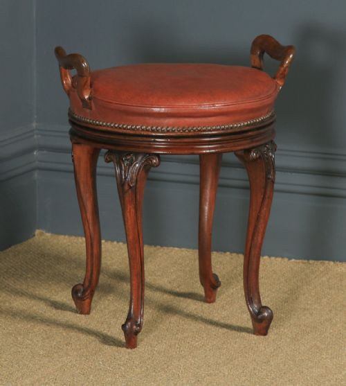 Antique English Victorian Walnut & Brown Leather Revolving Music / Dressing Table Stool (Circa 1880)
