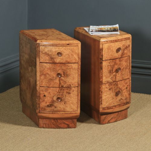 Antique English Pair of Art Deco Burr Walnut Bedside Chests Tables Cabinets Nightstands (Circa 1930)