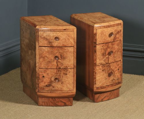fig 1. Antique English Pair of Art Deco Burr Walnut Bedside Chests Tables Cabinets Nightstands (Circa 1930)