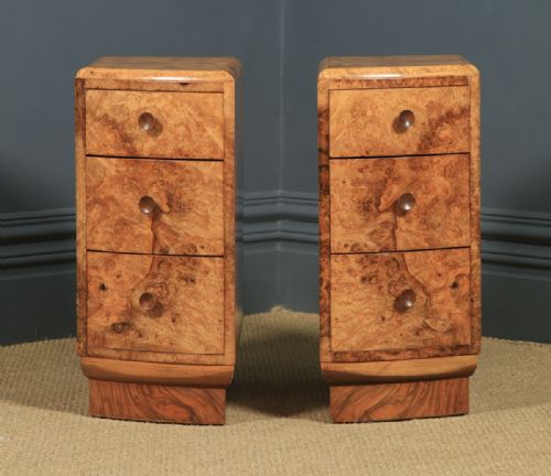 fig 2. Antique English Pair of Art Deco Burr Walnut Bedside Chests Tables Cabinets Nightstands (Circa 1930)