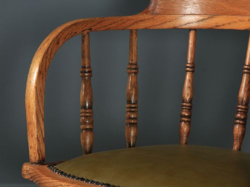 fig 7. Antique English Victorian Solid Ash & Oak Green Leather Revolving Office Desk Arm Chair (Circa 1895)
