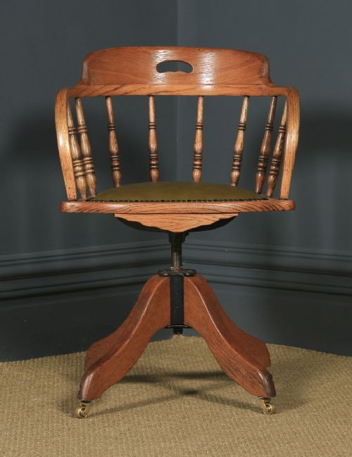 fig 1. Antique English Victorian Solid Ash & Oak Green Leather Revolving Office Desk Arm Chair (Circa 1895)